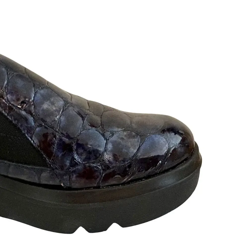 Wonders Spain Barbun Patent Leather Croc Embossed Wedge Platform Slip On Shoes